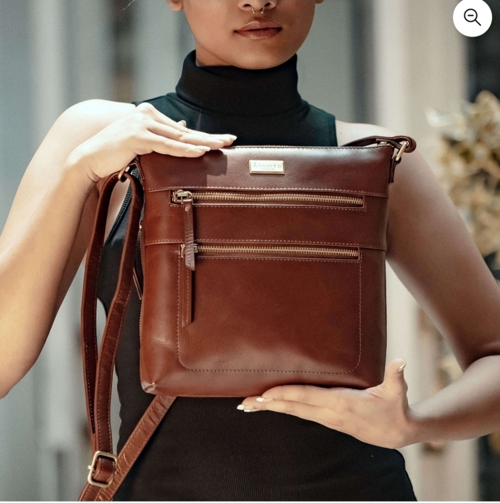 Assots London 'CORI' VT Real Leather Crossbody Bag In Brown Pollished